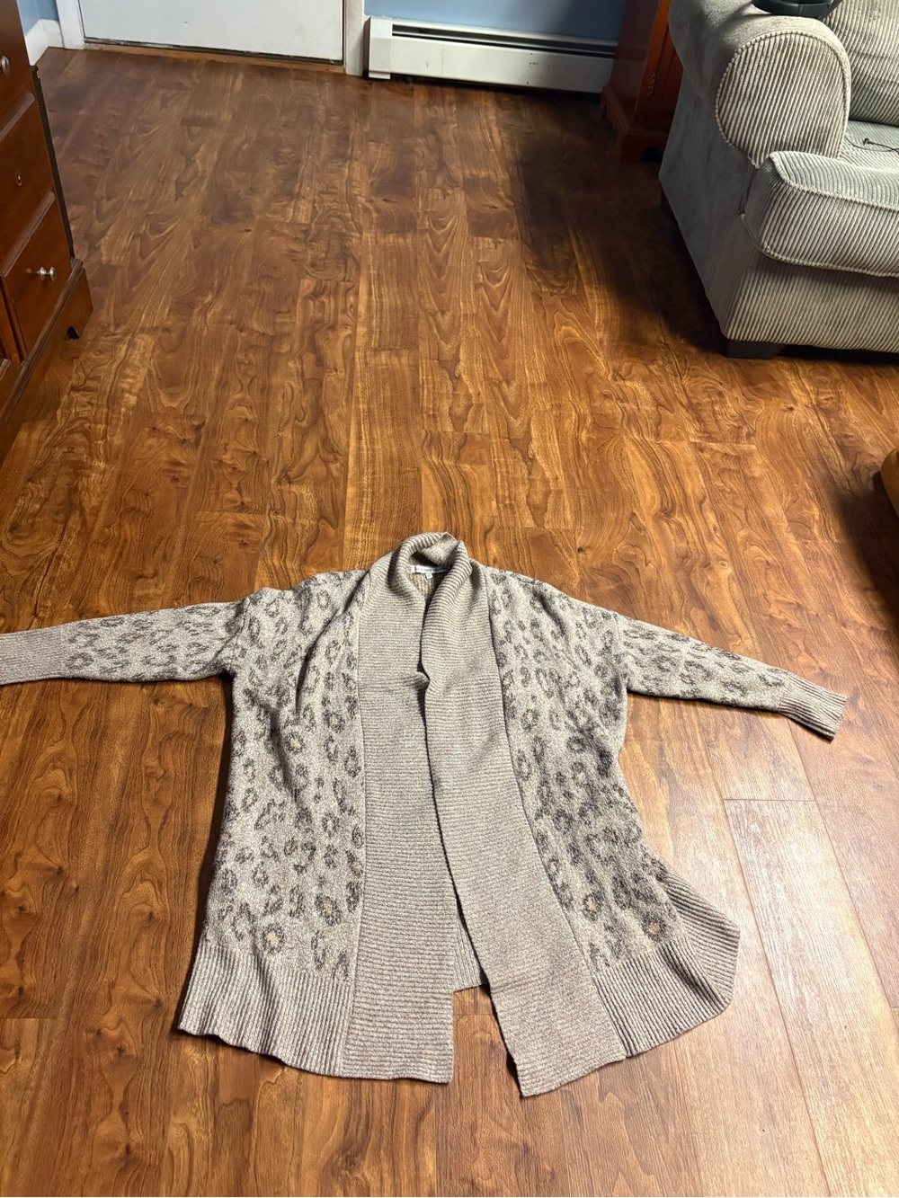 cupcakes & cashmere Taupe Leopard Open-Front Shawl Collar Cardigan